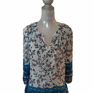 Old Navy White and Blue Sheer Floral Tunic Blouse
